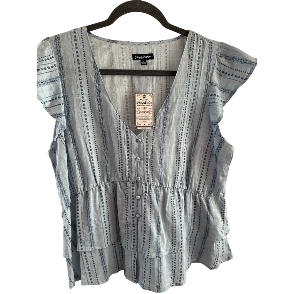 Flag & Anthem Blue Striped‎ Button Peplum Top Women's Large NWT, Preppy